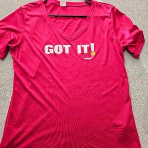 Pickleball Hot Pink Shirt Women v neck sz Large Got It Oops Yours